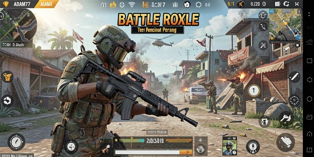 Tangkapan layar ADAM77 menampilkan aksi pertempuran mendebarkan dalam game Battle Royale.