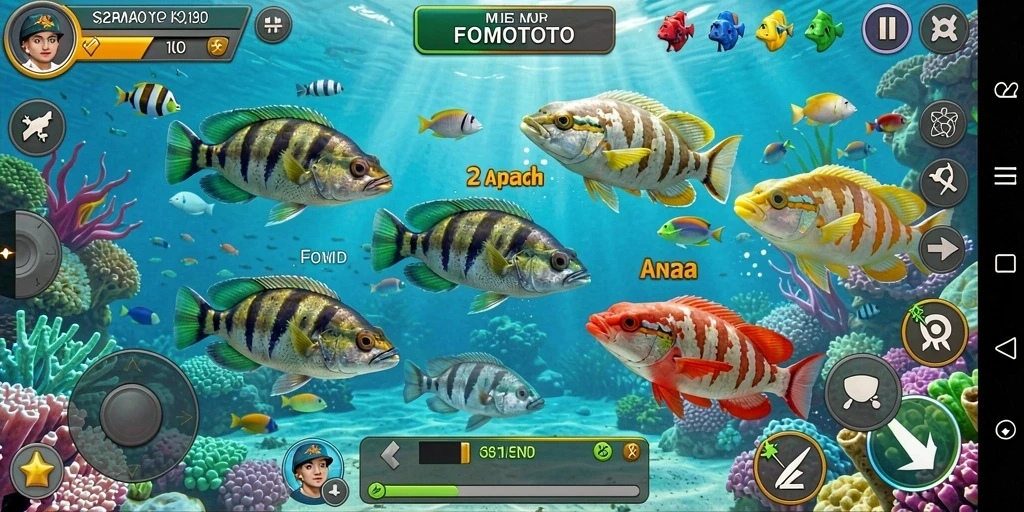Tangkapan layar FOMOTOTO menampilkan aksi seru menembak ikan.