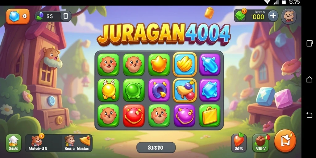 Tampilan gameplay JURAGAN404 dengan permata yang berwarna-warni dan tantangan Match-3.