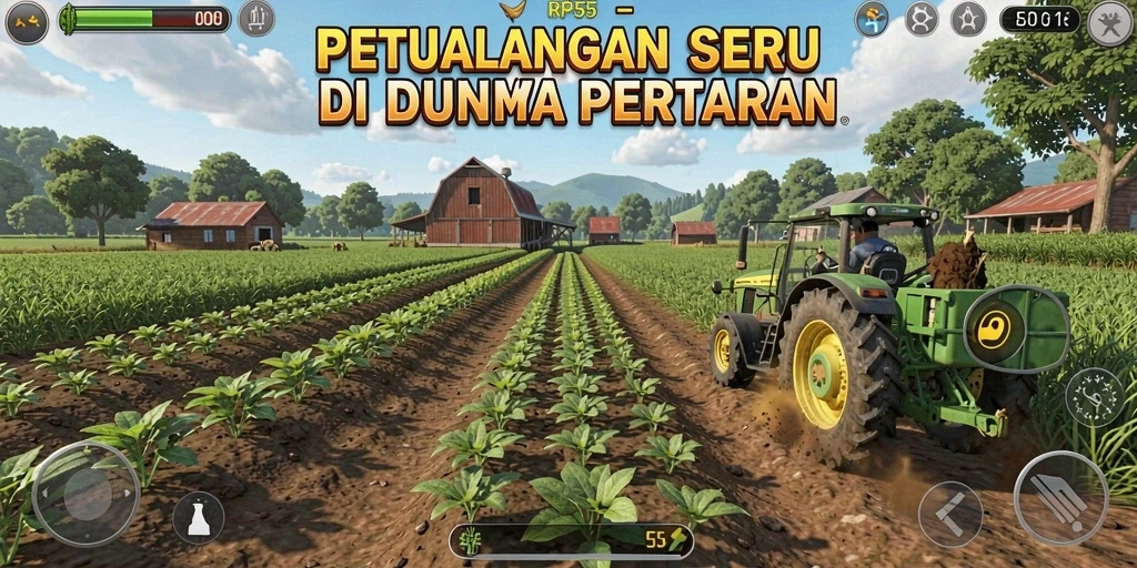 Tampilan layar utama RP55 menampilkan kebun yang subur dan hewan ternak.
