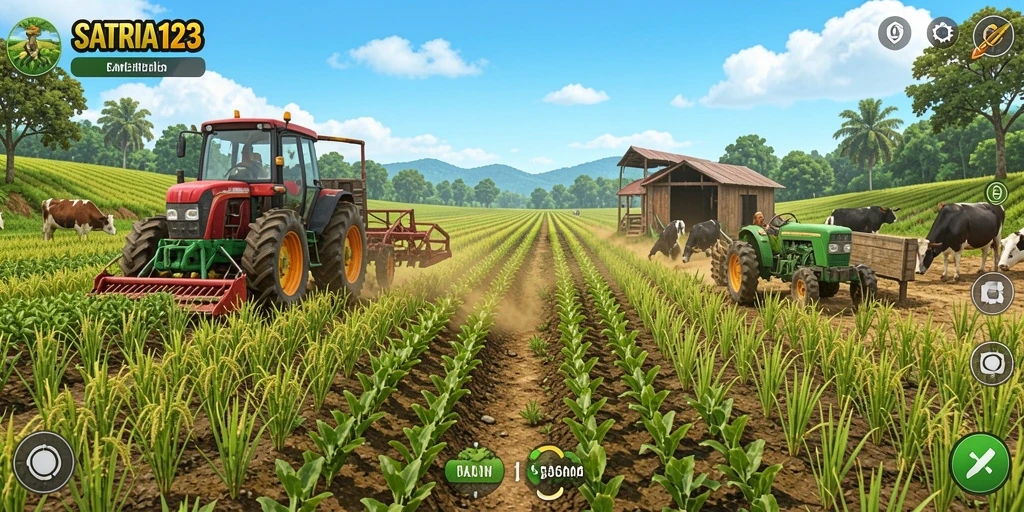 Tangkapan layar menampilkan gameplay seru dari SATRIA123, saat bertani dan panen.